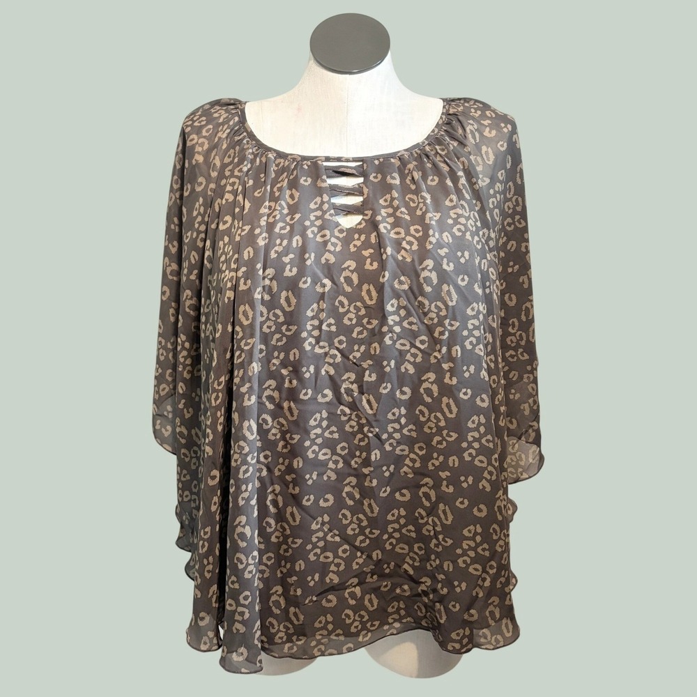 Cato Blouse 22/24W Brown Leopard Print Lattice Neck Poncho Sheer Top Boho Indie